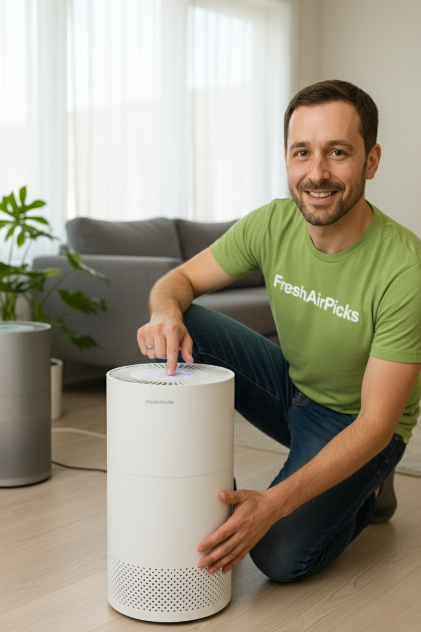 Daniel Foster from FreshAirPicks demonstrating a key feature of a modern Levoit air purifier by pointing to its control panel.