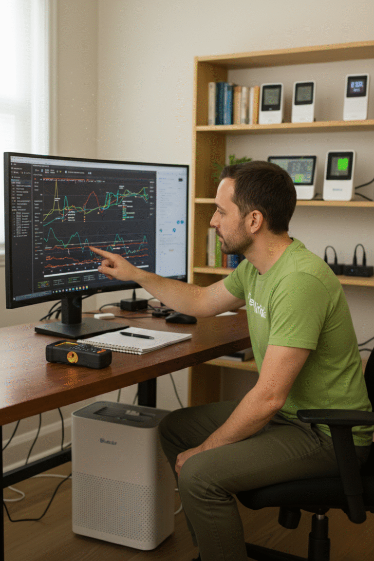Daniel Foster, founder of FreshAirPicks, is analyzing a real-time data graph of air purifier performance on his computer monitor. Air quality monitors and a Blueair air purifier are visible in the background.