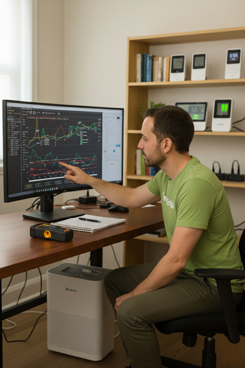 Daniel Foster, founder of FreshAirPicks, is analyzing a real-time data graph of air purifier performance on his computer monitor. Air quality monitors and a Blueair air purifier are visible in the background.