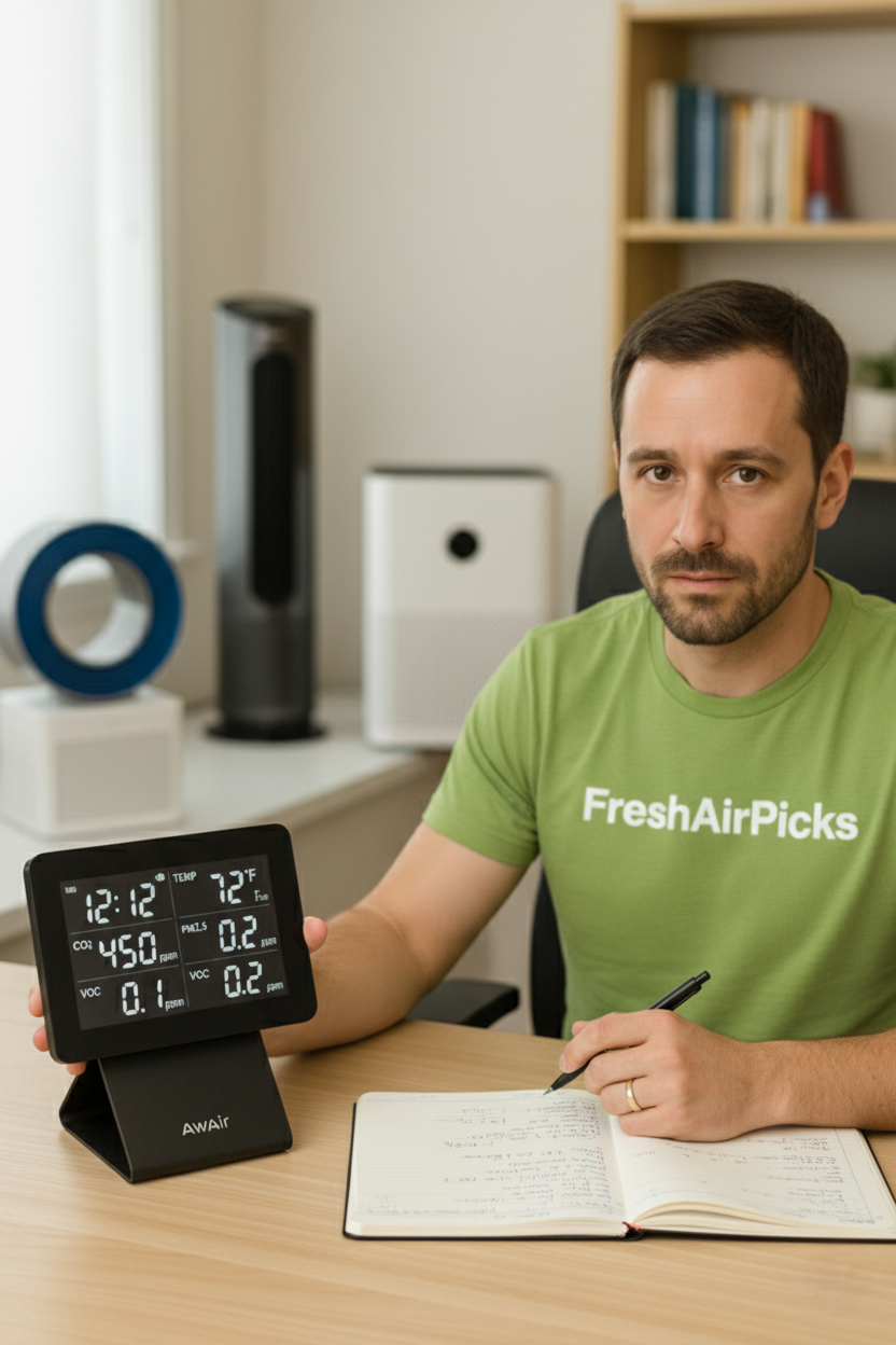 Daniel Foster, founder of FreshAirPicks, analyzing data from an air quality monitor during an in-depth air purifier test.