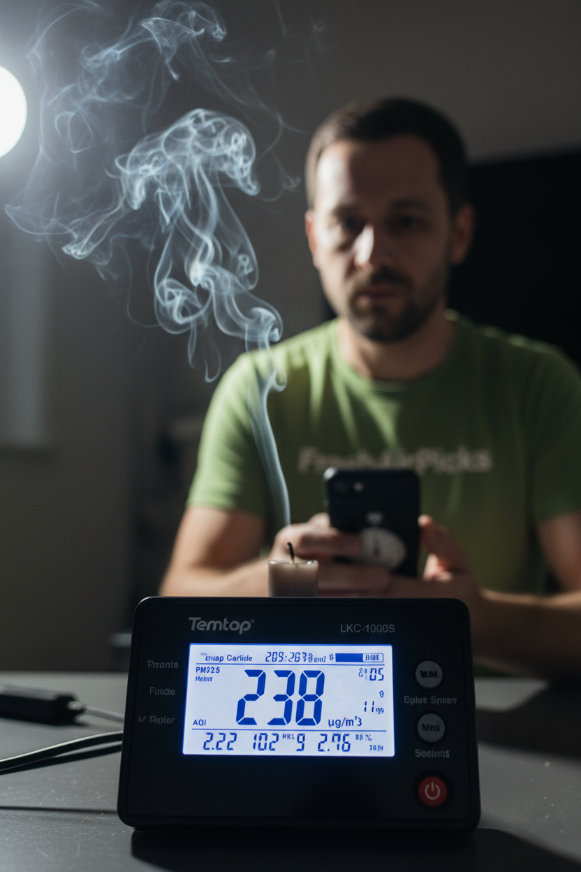 Daniel Foster of FreshAirPicks timing a candle smoke test, with a Temtop air quality monitor in the foreground showing a high PM2.5 reading of 238.