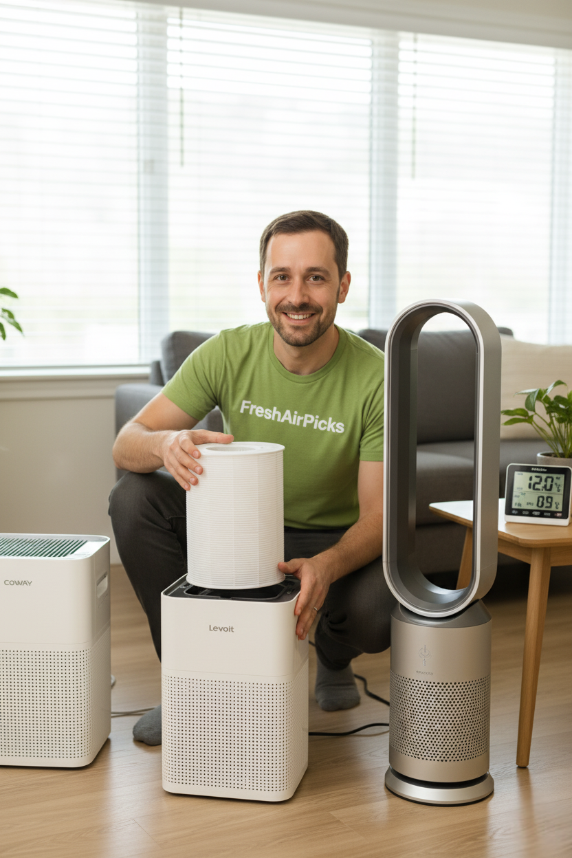 Daniel Foster of FreshAirPicks setting up multiple air purifiers for a hands-on review, with an air quality monitor visible.