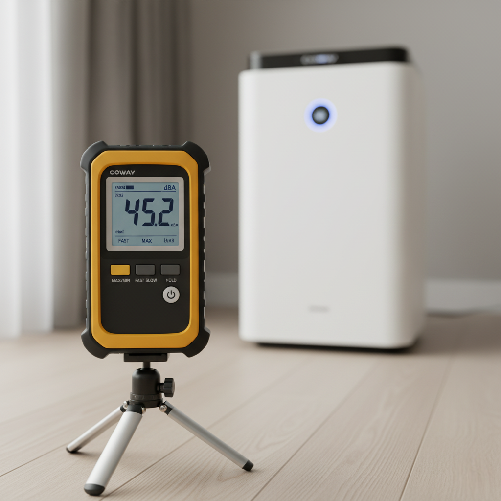 A digital sound level meter on a tripod showing a reading of 45.2 dBA during a FreshAirPicks noise test of a Coway air purifier.