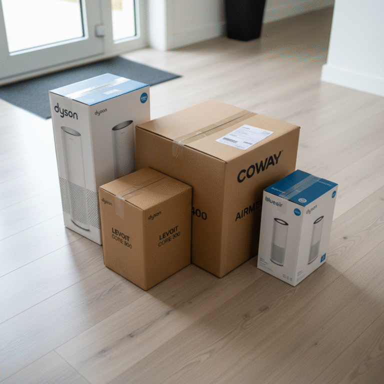 A collection of brand new, unopened air purifier boxes from brands like Coway, Dyson, and Levoit, purchased by FreshAirPicks for unbiased product testing.