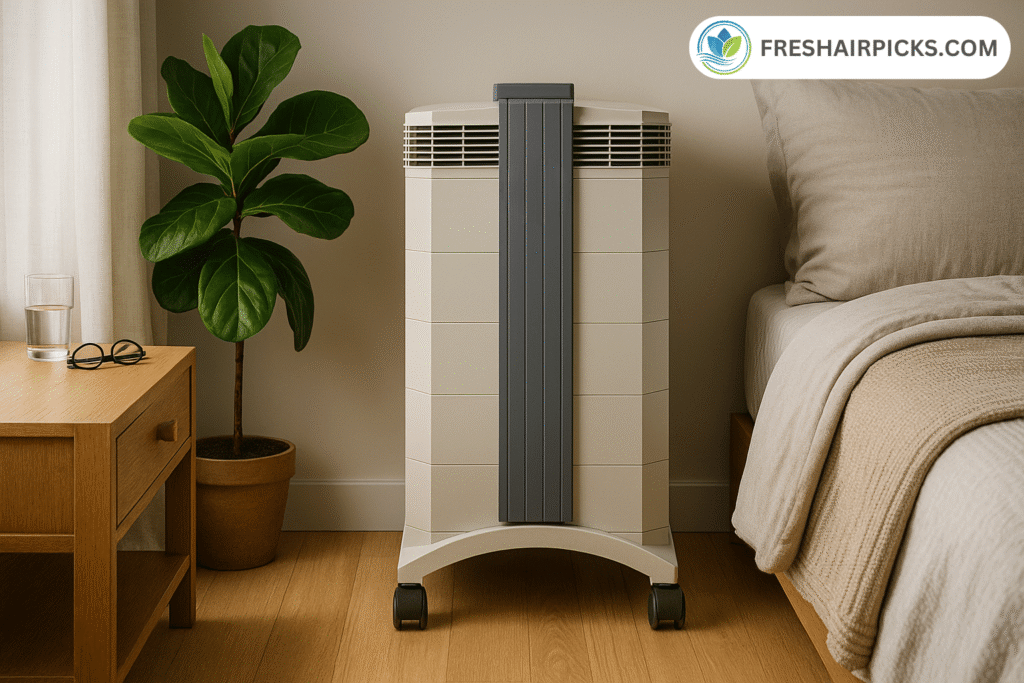 An IQAir HealthPro Plus XE air purifier standing on the floor of a bedroom, next to a plant and a nightstand.