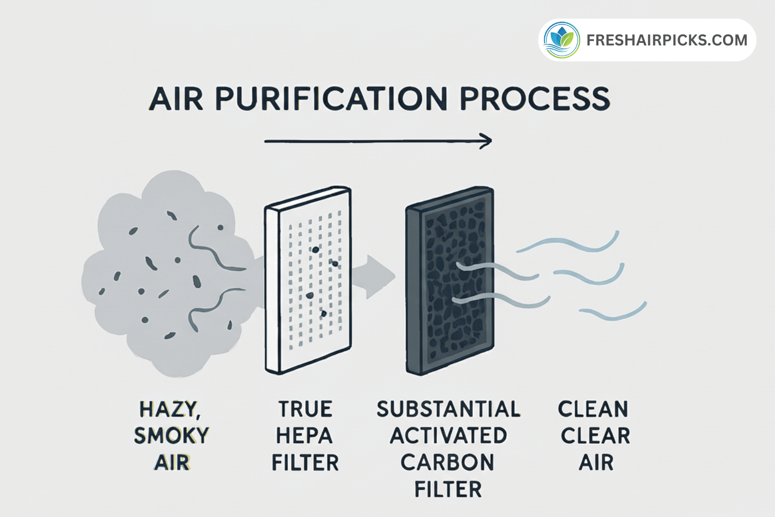 An infographic showing the 2-stage air purification process: Hazy, smoky air passes through a True HEPA filter (trapping particles) and then a substantial activated carbon filter (trapping odors) to produce clean air.