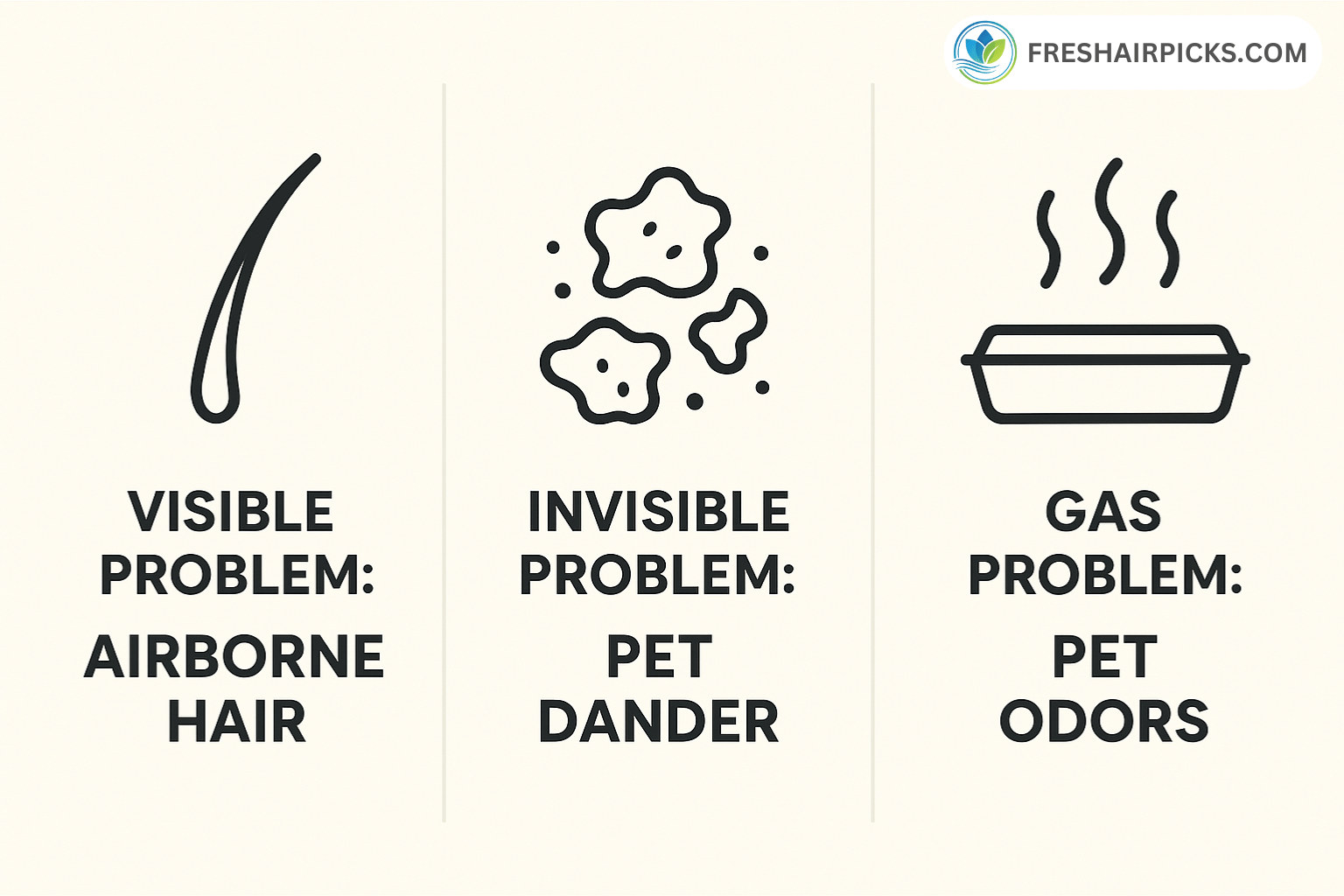 An infographic showing the 3 main problems for pet owners: 'Visible Problem: Airborne Hair', 'Invisible Problem: Pet Dander', and 'Gas Problem: Pet Odors'.