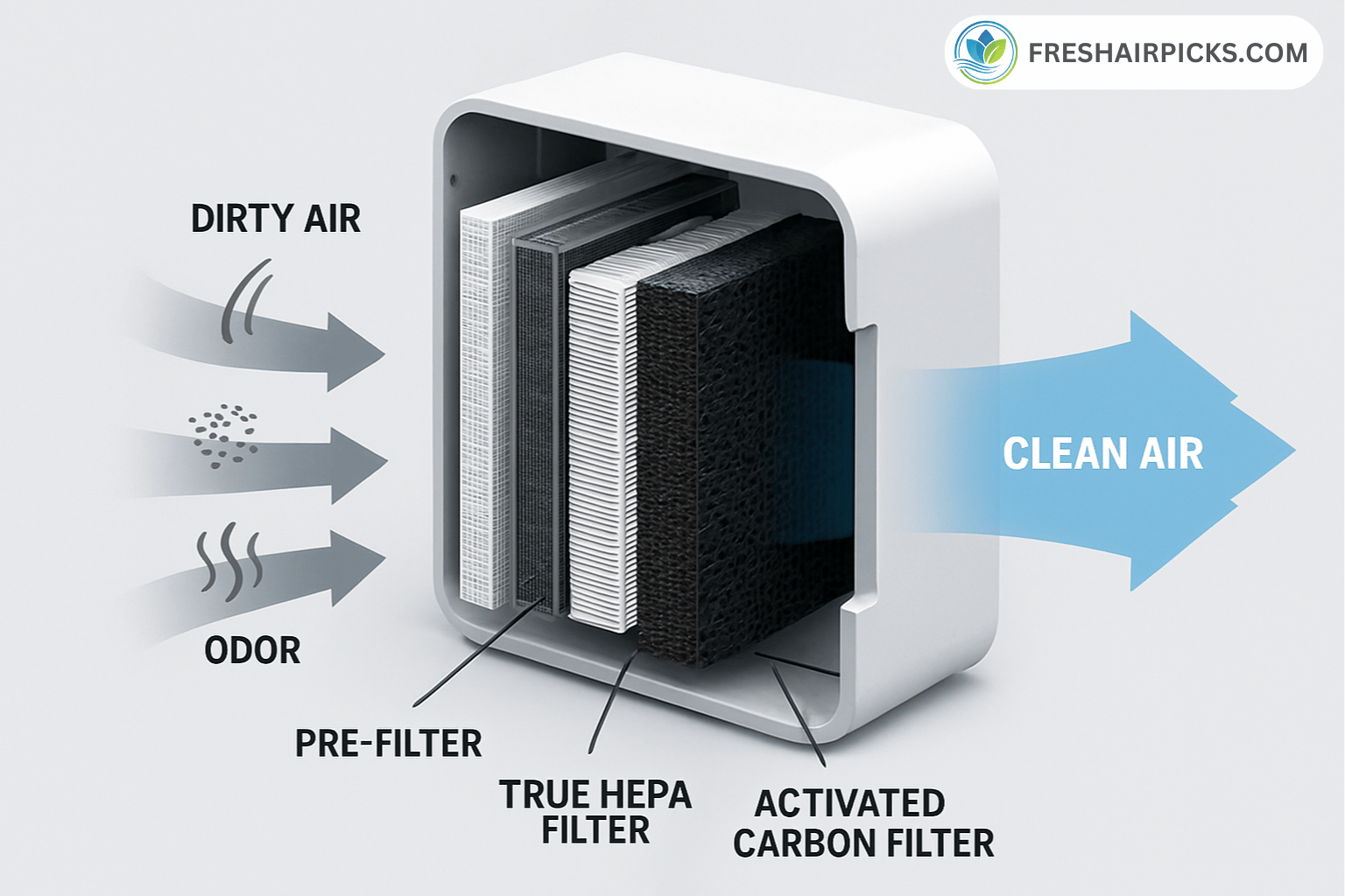 A diagram showing the 3-stage filtration of a pet air purifier: a pre-filter for hair, a True HEPA filter for dander, and an activated carbon filter for odors.