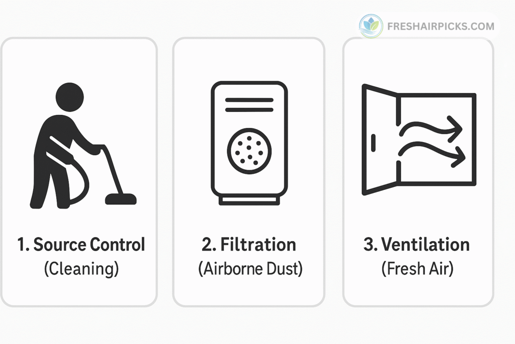 A 3-step strategy for dust control: 1. Source Control (Cleaning), 2. Filtration (Airborne Dust), 3. Ventilation (Fresh Air)