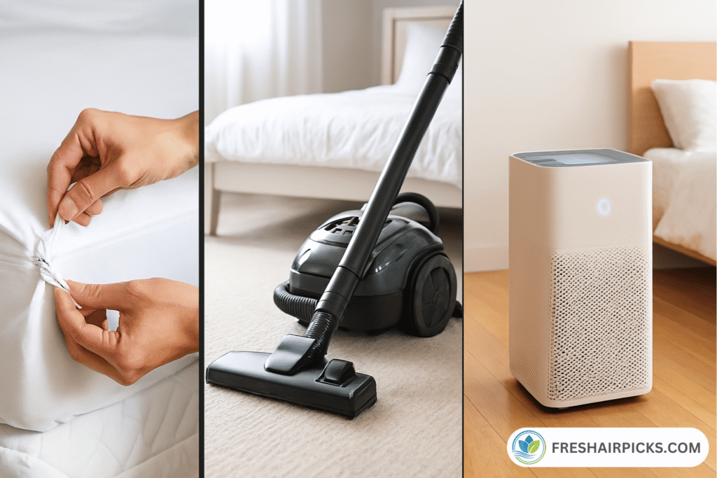 Three step allergy solution showing mattress encasement, HEPA vacuum cleaning, and air purifier usage.