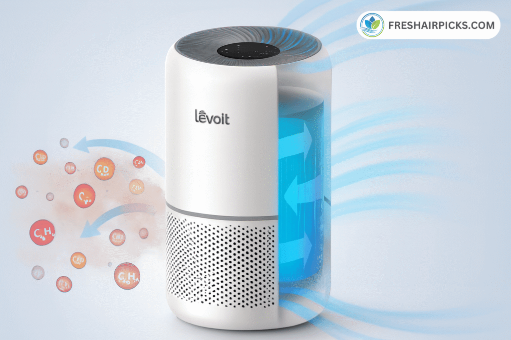 An air purifier (Levoit model) demonstrating its activated carbon filter absorbing and neutralizing gas molecules, chemical fumes (VOCs), and household odors.