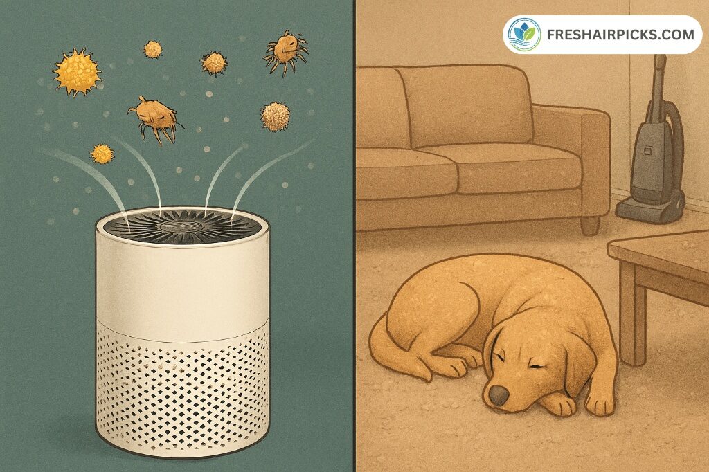 Illustration showing an air purifier capturing airborne pollen and dust on one side, and settled pet dander on a couch with a vacuum cleaner on the other.
