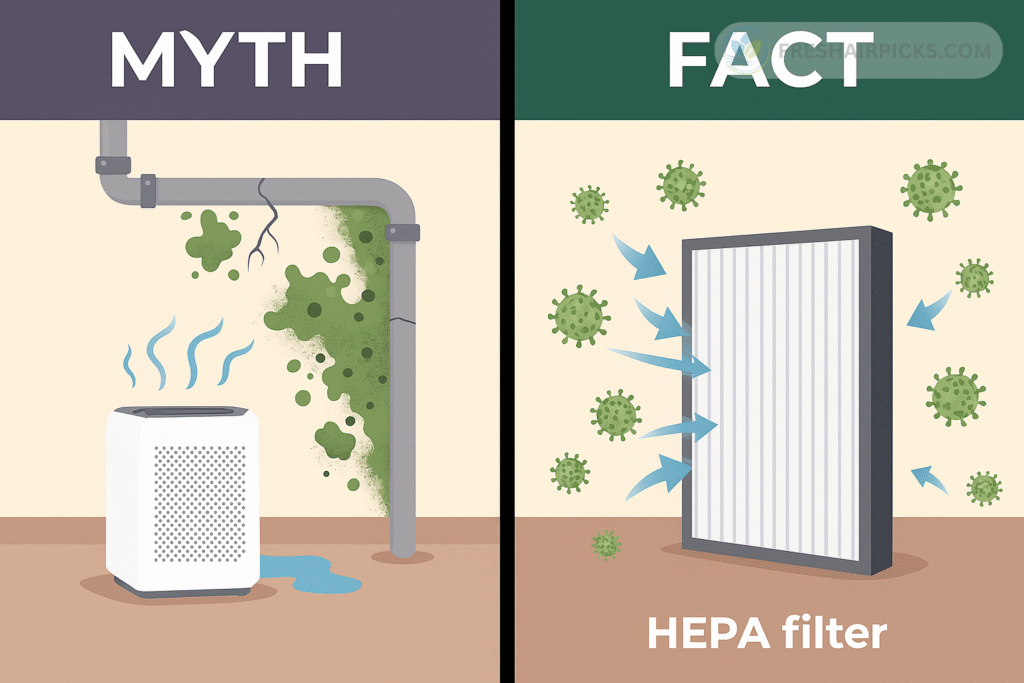 A 'Myth vs. Fact' infographic: The myth shows an air purifier failing to clean mold on a wall. The fact shows a HEPA filter correctly trapping airborne mold spores.