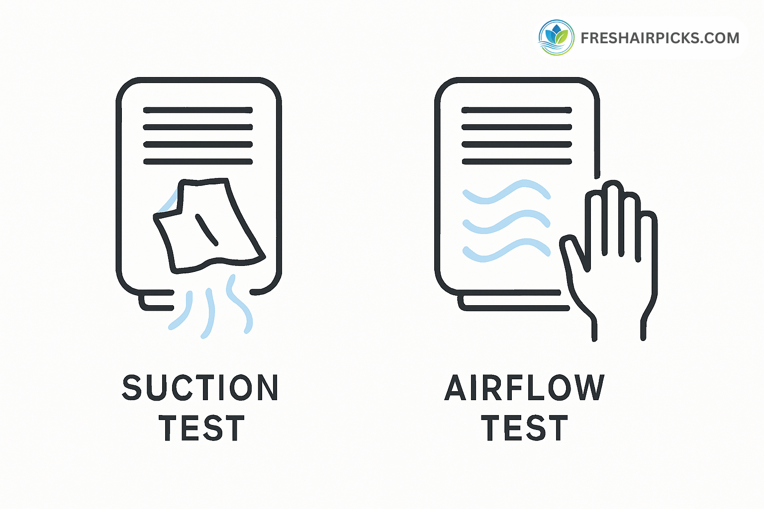 An infographic showing two tests: the 'Suction Test' with a tissue sticking to an intake vent, and the 'Airflow Test' with a hand feeling air from the output vent.