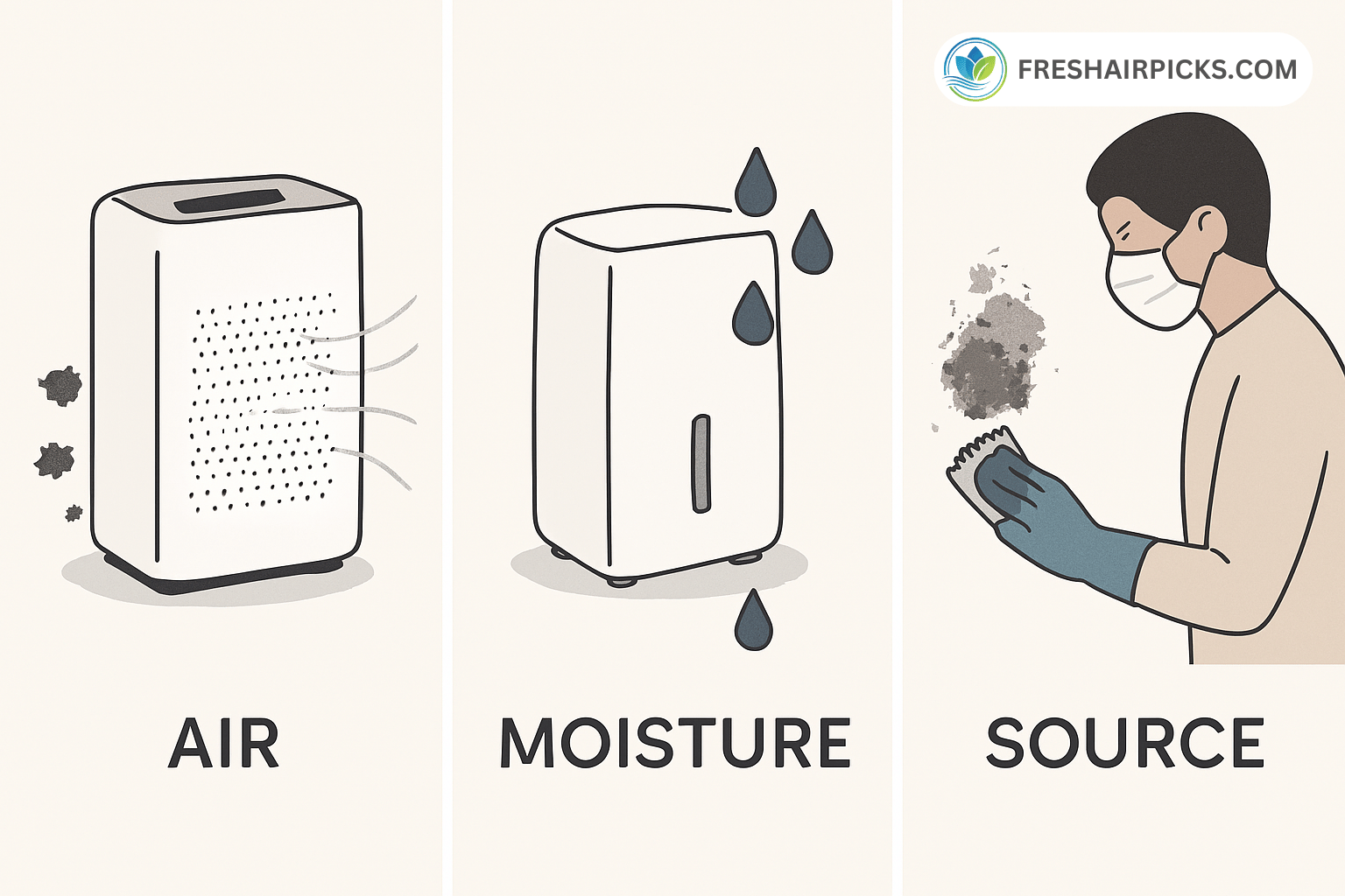 An infographic comparing the three tools for mold: an Air Purifier for AIR (spores), a Dehumidifier for MOISTURE (humidity), and Remediation for the SOURCE (surface mold).