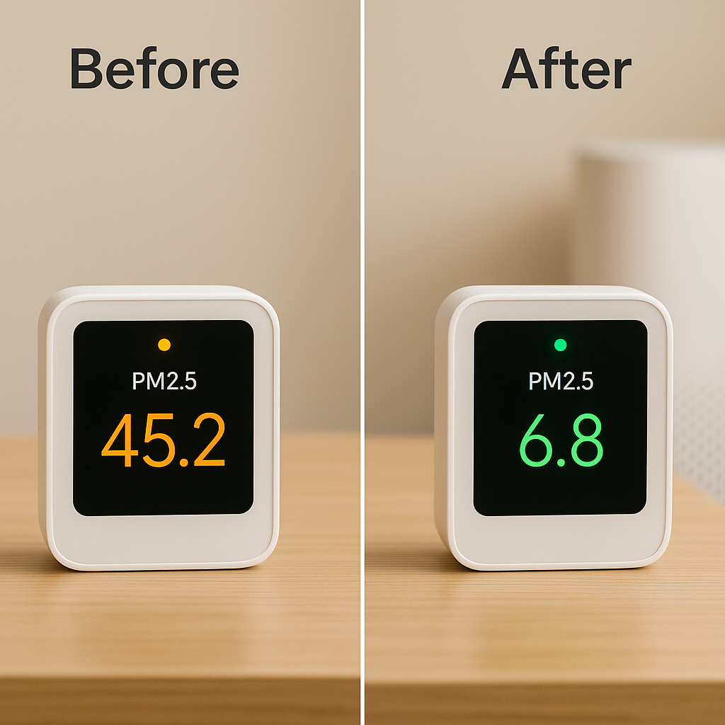 A split-screen image showing an air quality monitor 'Before' (reading a high PM2.5 level of 45.2) and 'After' (reading a low PM2.5 level of 6.8) running an air purifier.