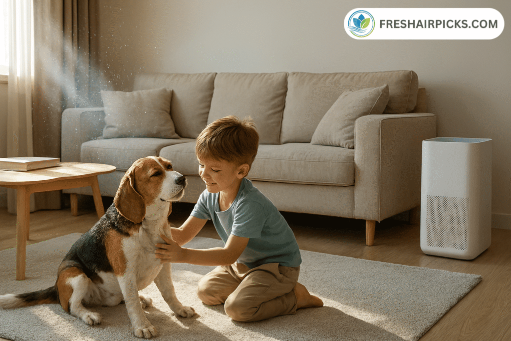 A peaceful and clean living room scene with a young child gently petting his dog, while a modern air purifier runs quietly in the corner.