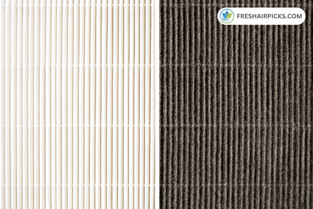 A side-by-side comparison of a new, clean, white air purifier filter and an old, dirty, black HEPA filter clogged with dust and particles.