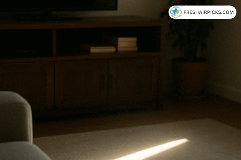 A sunbeam shines across a clean living room floor, showing no visible dust motes or particles in the air, a 'side effect' of a working air purifier.