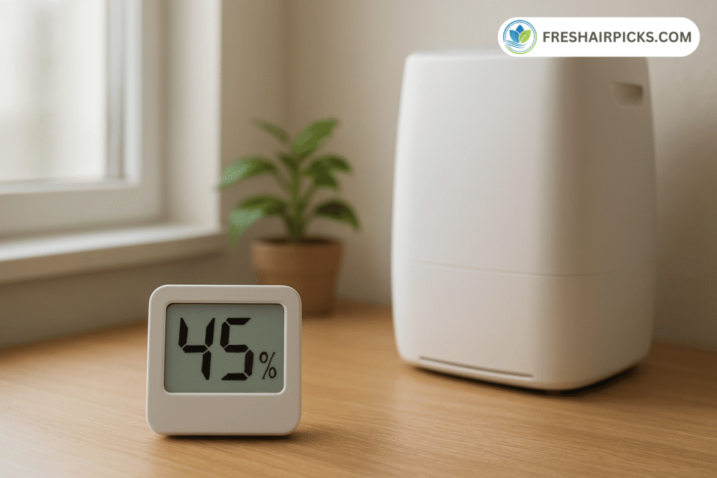 A digital hygrometer showing a safe indoor humidity level of 45 percent, with a dehumidifier and house plant in the background.