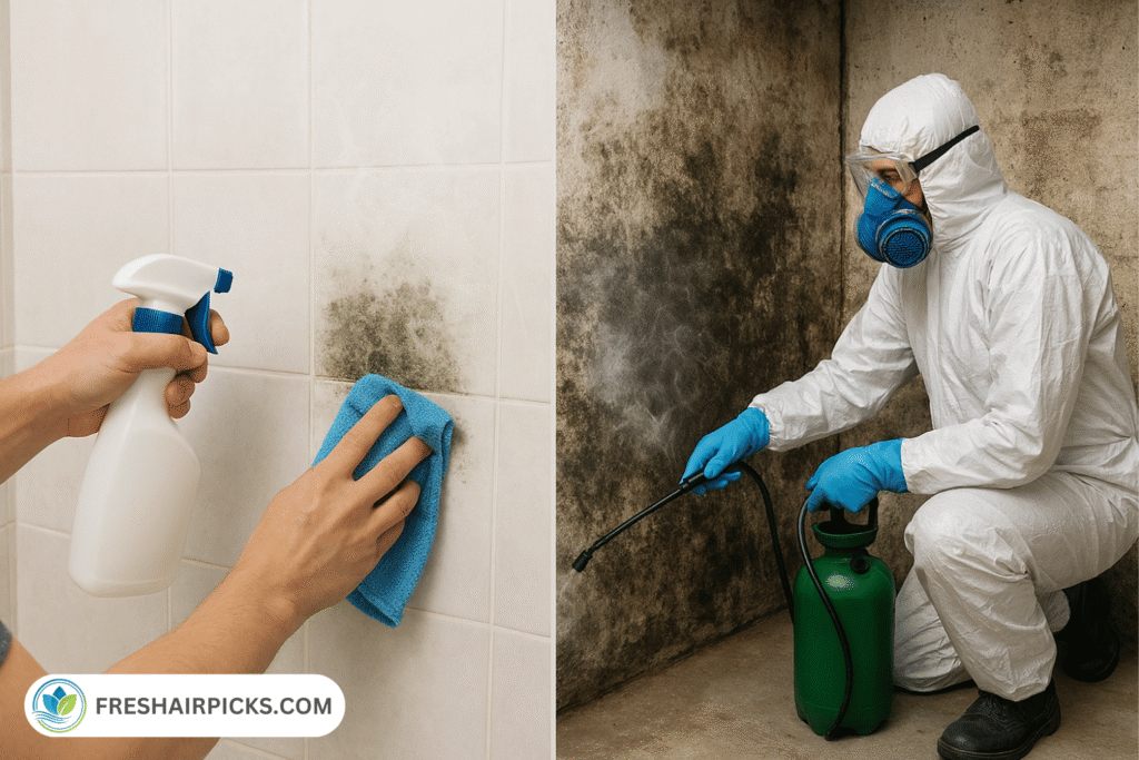 A split-screen image comparing a small DIY mold cleanup on tile with a professional remediator in a hazmat suit spraying a large mold infestation.
