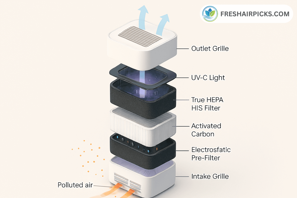 A 3D exploded diagram showing the 5 stages of an air purifier: Intake Grille, Electrostatic Pre-Filter, Activated Carbon, True HEPA Filter, and UV-C Light.