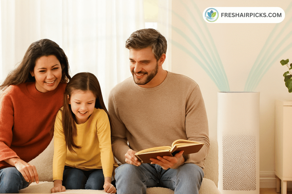 A happy family relaxing in a clean living room with a FreshAirPicks.com air purifier running in the background, ensuring clean air.