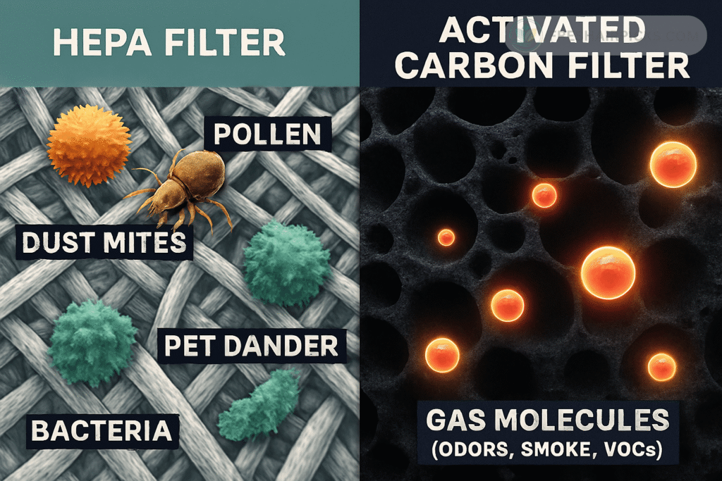 A comparison infographic showing a HEPA filter trapping particles like pollen, dust mites, and pet dander, versus an Activated Carbon filter trapping gas molecules, odors, and VOCs.