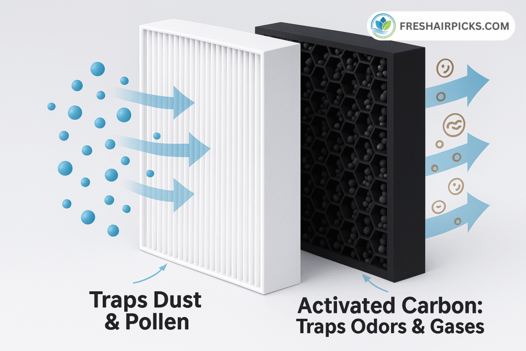 A diagram showing the difference between a white HEPA filter that 'Traps Dust & Pollen' and a black Activated Carbon filter that 'Traps Odors & Gases'.