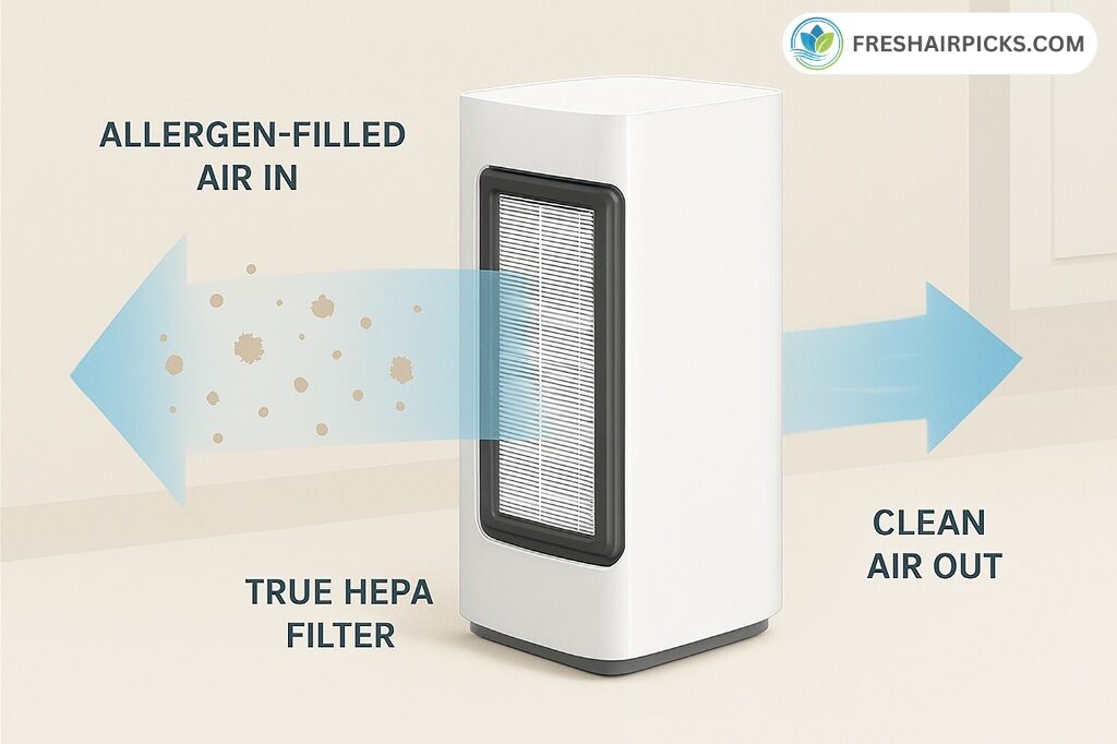Diagram showing an air purifier with arrows indicating allergen-filled air entering, passing through a True HEPA filter, and clean air exiting the unit.