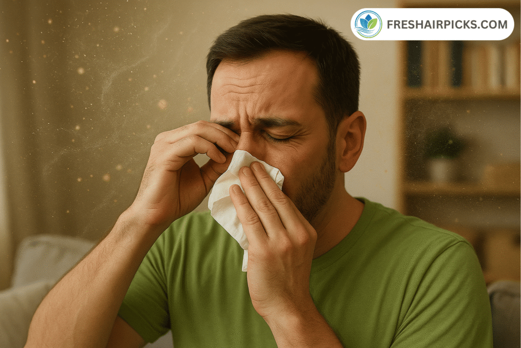 A man sneezing and holding a tissue to his nose, with airborne particles visible, representing common allergy discomfort indoors.