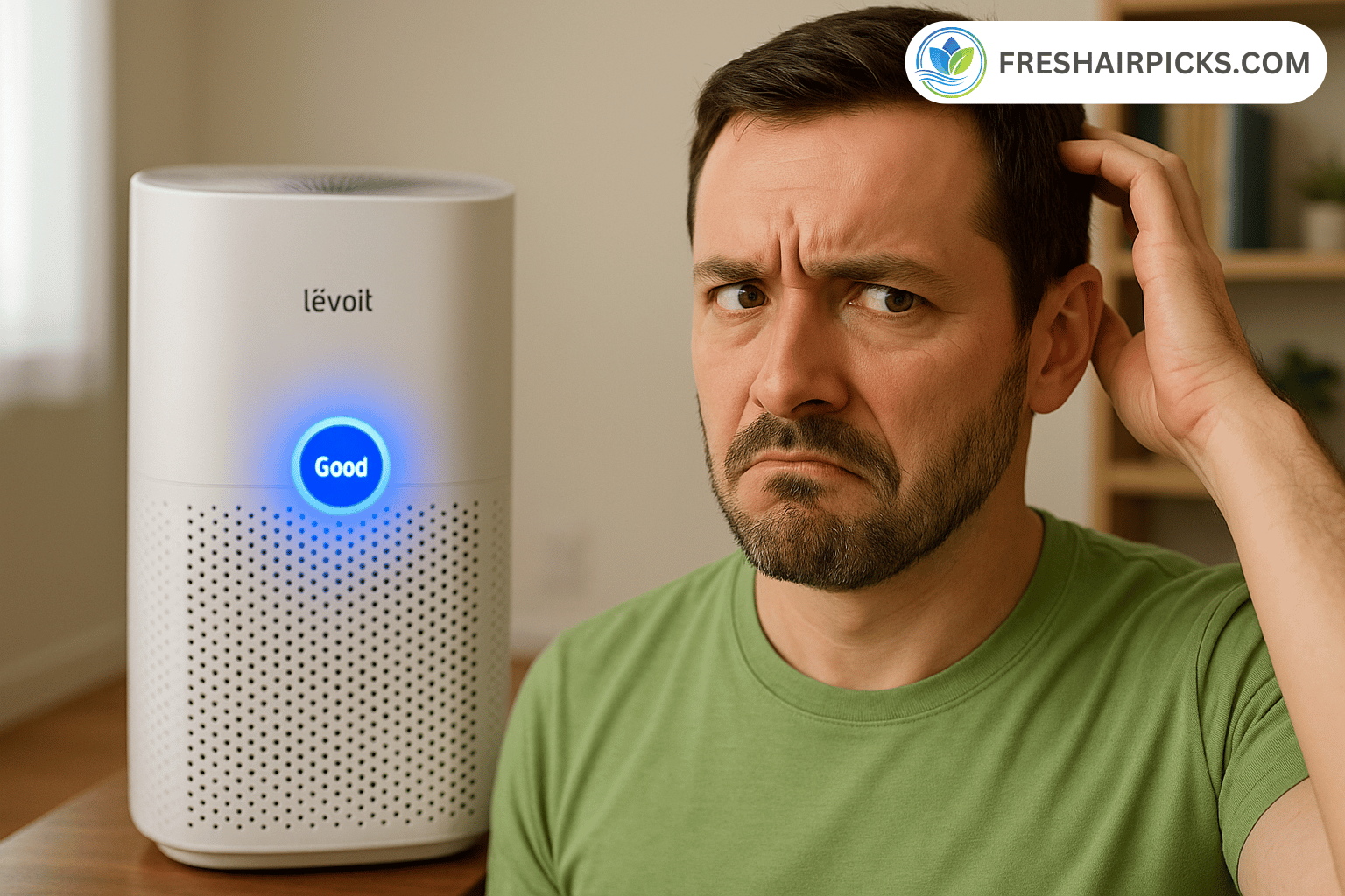 A skeptical man looks at his Levoit air purifier which is showing a blue 'Good' light, illustrating the common doubt about whether it's working.