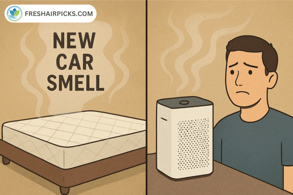 A man looks confused at his air purifier, which is failing to remove the 'new car smell' (VOCs) coming from a new mattress.