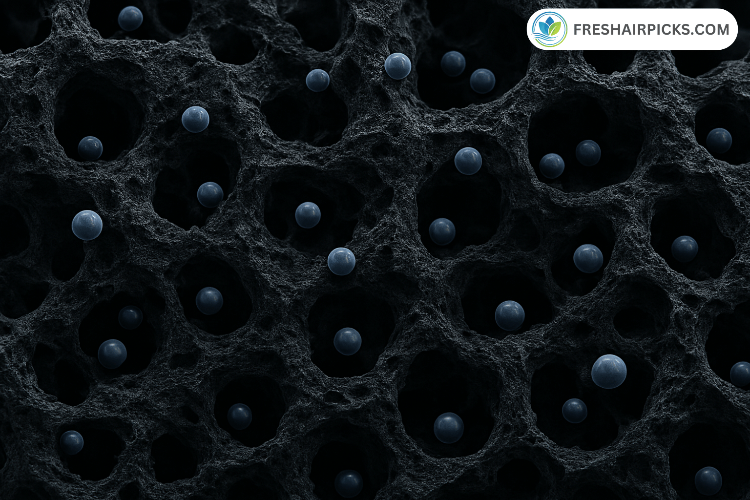 A microscopic 3D view of activated carbon's porous structure, showing how it traps and adsorbs tiny VOC molecules on its surface.