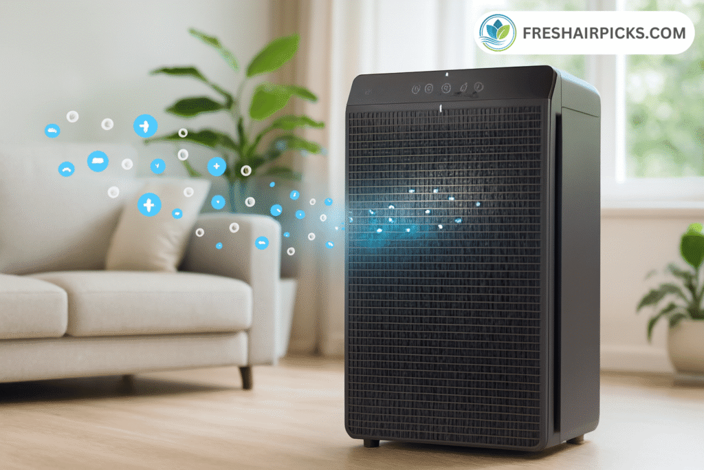 A black air purifier from FreshAirPicks.com releasing positive and negative ions as part of its Plasmawave cleaning process in a home.