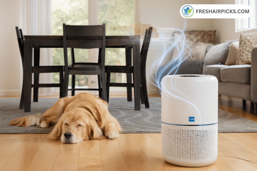 A white air purifier on a wooden floor, effectively removing pet dander and odors from a sleeping golden retriever dog nearby.