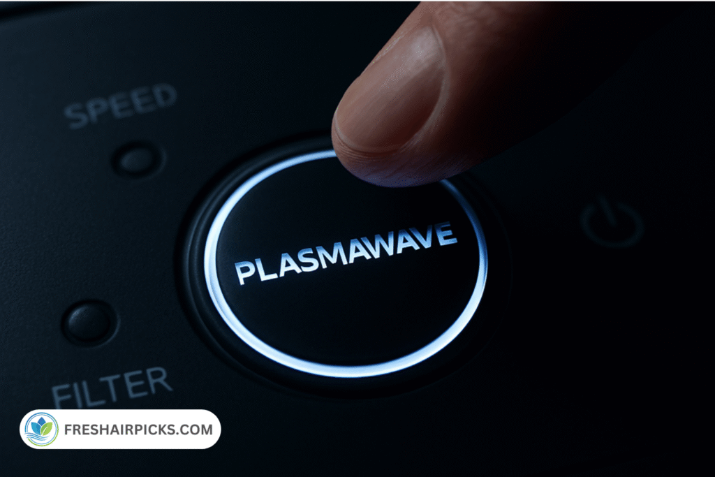 A close-up of a finger pressing the illuminated 'Plasmawave' button on an air purifier, demonstrating that the feature is optional.
