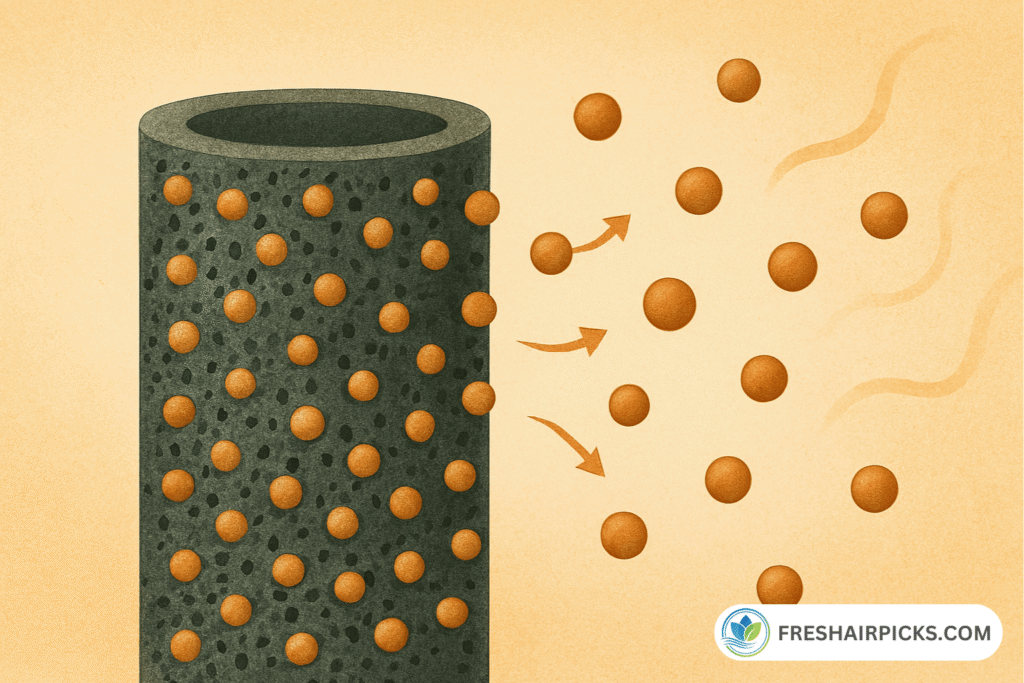 An illustration demonstrating 'off-gassing,' where a full, saturated activated carbon filter re-releases trapped VOC molecules back into the air.