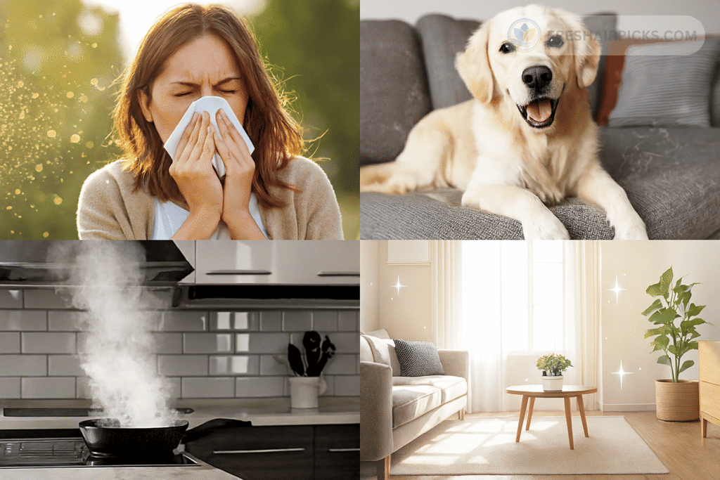A 4-panel collage showing the main benefits of air purifiers: a woman sneezing from pollen, a dog shedding on a couch, cooking smoke in a kitchen, and a sparkling clean living room.
