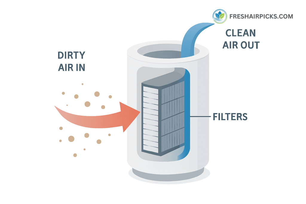A simple infographic showing an air purifier pulling in dirty air with particles, passing it through internal filters, and circulating clean air back into the room.