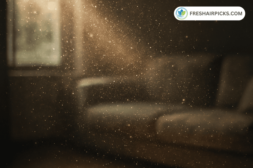 A cinematic shot of a sunbeam shining into a dark living room, dramatically illuminating millions of microscopic dust particles, pollen, and pet dander floating in the air.