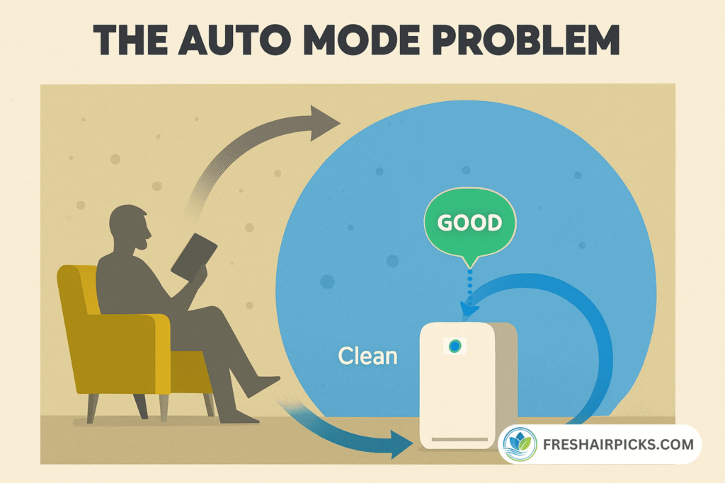 An infographic titled 'The Auto Mode Problem' showing how an air purifier creates a 'bubble' of clean air around itself, giving a false 'Good' reading while the rest of the room is still polluted.