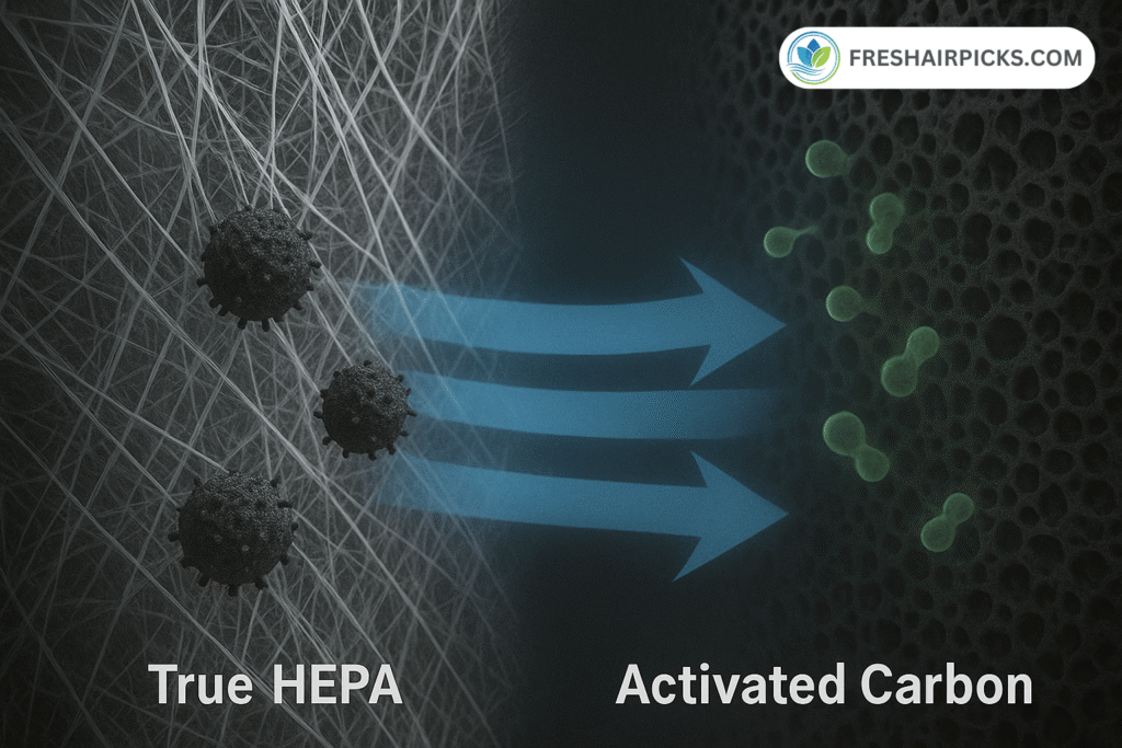A diagram showing a True HEPA filter trapping large mold spores and an Activated Carbon filter adsorbing smaller musty odor gas molecules.