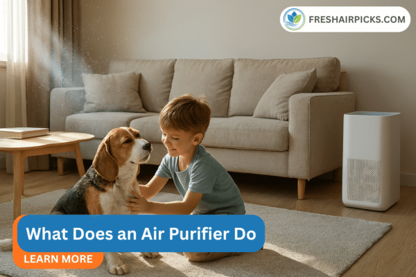 Featured image showing a child playing with a beagle dog in a living room with a white air purifier, with a text overlay "What Does an Air Purifier Do".