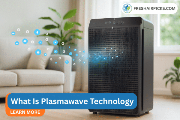 A black air purifier using Plasmawave technology in a modern living room, with the article title 'What Is Plasmawave Technology?'