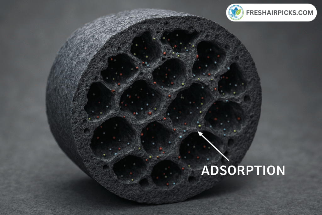 A 3D macro visual showing the process of 'adsorption' inside an activated carbon granule, where gas molecules and smells (VOCs) are sticking to the vast internal surface.