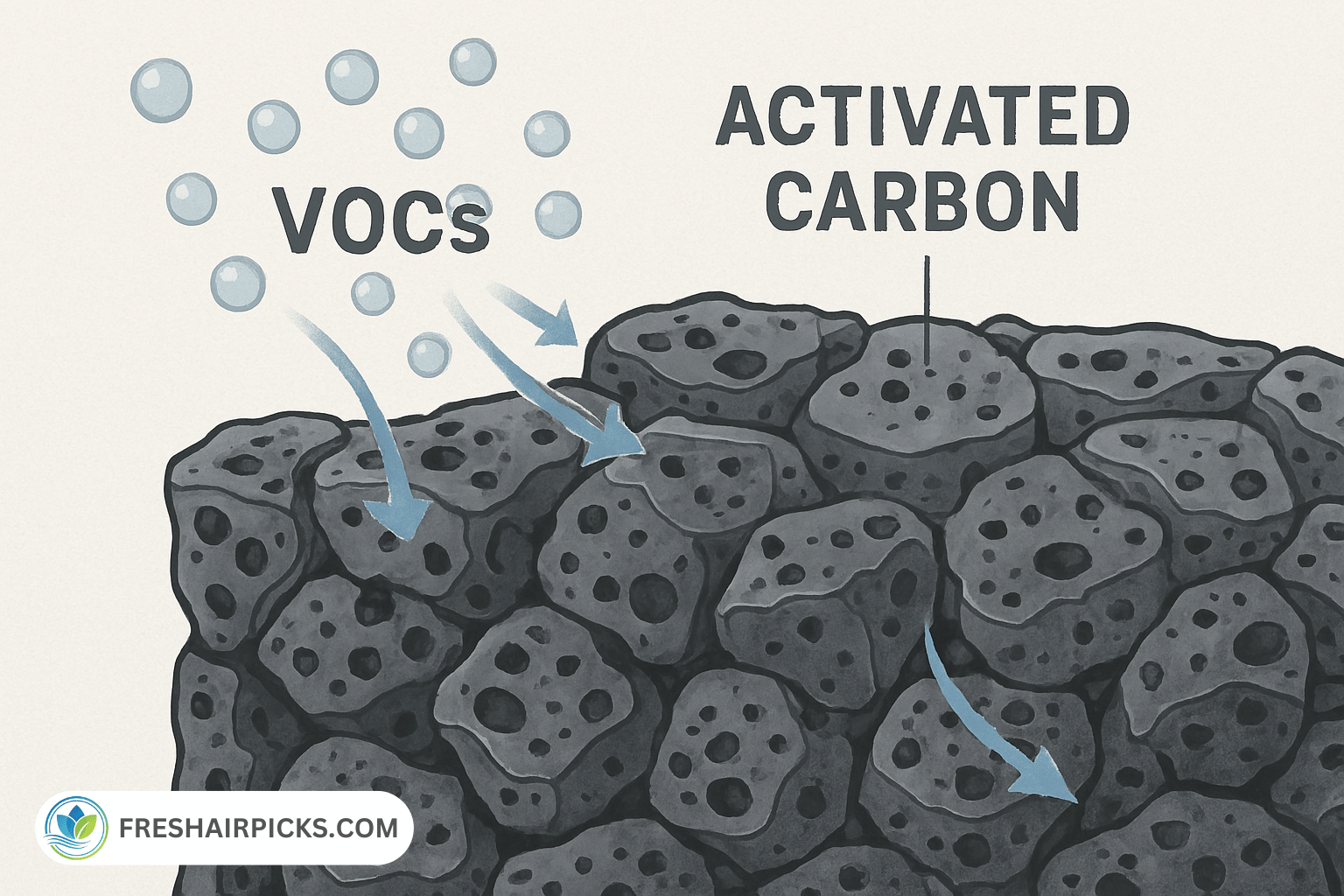 An illustration showing an activated carbon filter's porous structure acting as a 'smell sponge' to adsorb and trap VOCs and smoke odors.