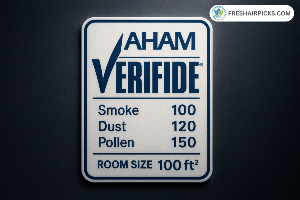 An example of the AHAM Verifide seal for an air purifier, showing sample CADR ratings for Smoke (100), Dust (120), and Pollen (150).