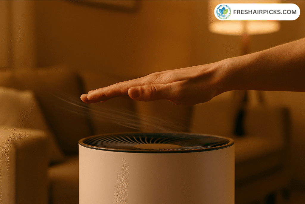 A person placing their hand over an air purifier output vent to check for weak airflow.