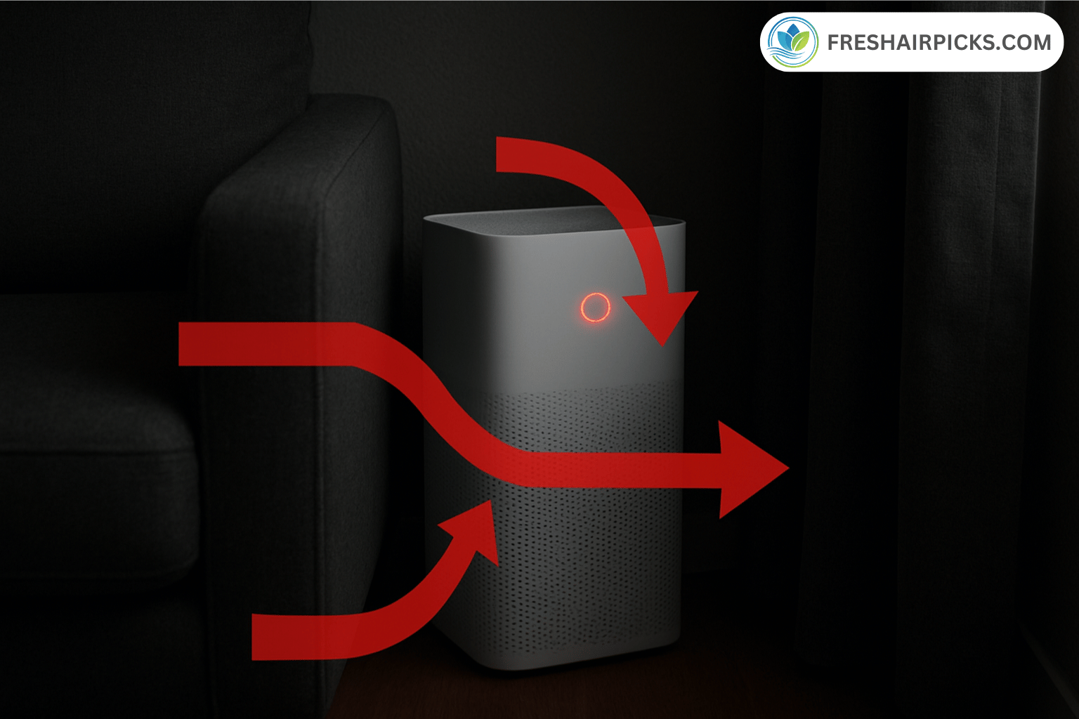 Diagram showing red arrows indicating blocked airflow when an air purifier is placed in a corner.